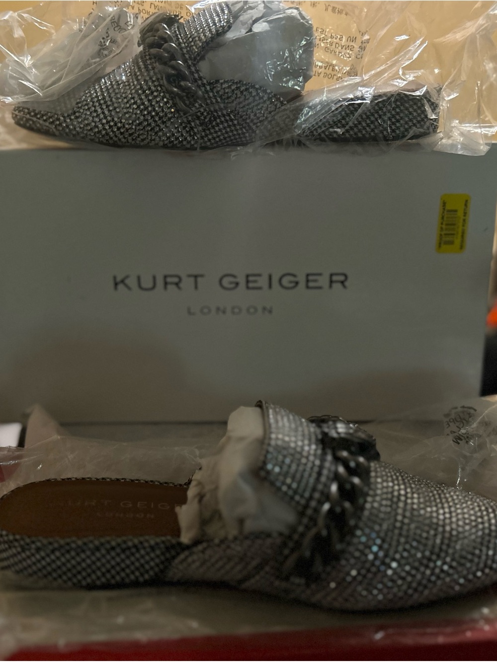 Kurt Geiger Silver Chain-Trim Sparkle Slip-On Mules